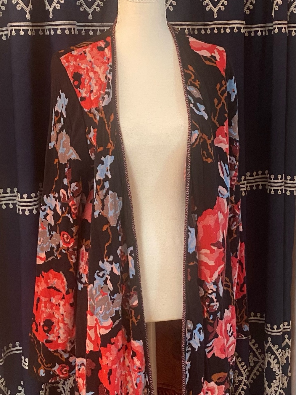 Black Floral Open Kimono Cardigan with Red and Blue Blooms